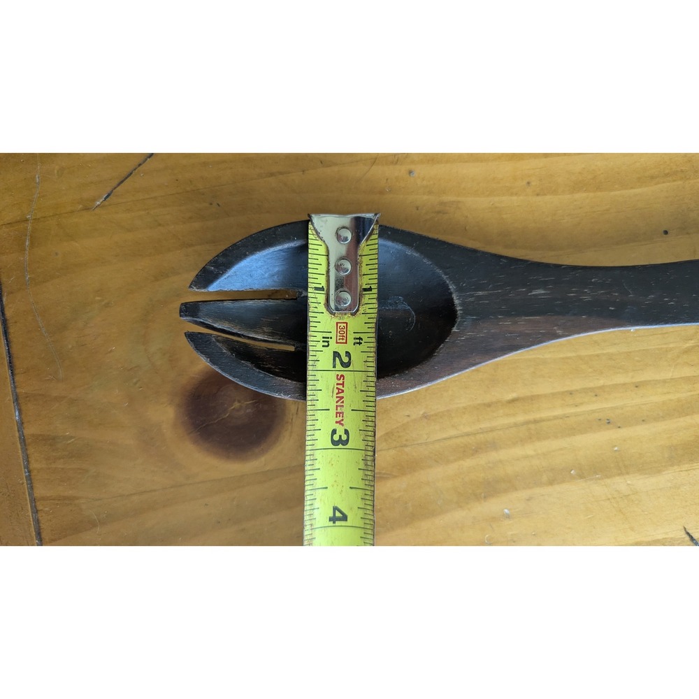 Vintage Dark Brown Hand Carved Wooden Salad Serving Fork 12.5 Inch Rustic Treen - Picture 2 of 6